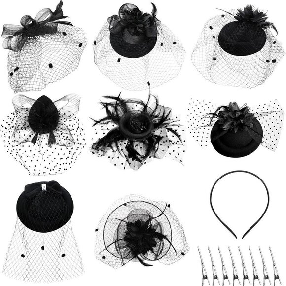 8 Pcs Women Fascinators Mesh Veil Feather Pillbox Hats for Tea Party Halloween main image 4